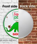 Badass Vintage Tin Sign Featuring Classic Sinclair Gasoline Poster showing front and back side on a brick wall.