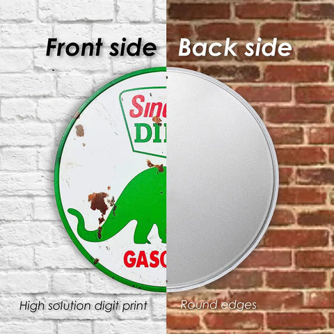 Badass Vintage Tin Sign Featuring Classic Sinclair Gasoline Poster showing front and back side on a brick wall.