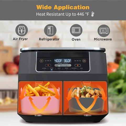 2 Pack 10 Qt Silicone Air Fryer Liners For Ninja DZ401 DZ550 Dual Zone Reusable Rectangular Pot Inserts in use with food
