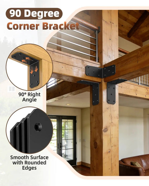 Heavy Duty L Brackets 4 Pack Beefy Carbon Steel Corner Braces installed at 90 degree angle on wooden beam, black