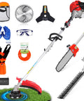 Beast 52cc Gas Weed Wacker Multi Tool with Heavy Duty Brush Cutter, Pole Saw, Hedge Trimmer, accessories, and safety gear.