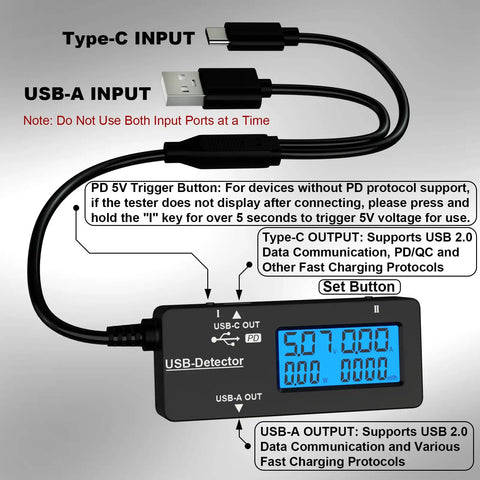 Variable Backlight USB Tester With LCD Display And USB C And USB A Multimeter, Voltmeter Amp Power Meter Battery Capacity Tester Internal Resistance And Battery Level Indicator For Laptop Tablet Phone Power Bank, black cable