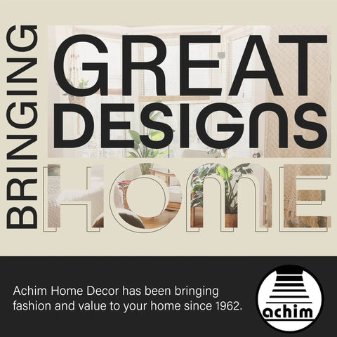 Achim Home Decor slogan "Bringing Great Designs Home" with company logo, featuring window with indoor plants.