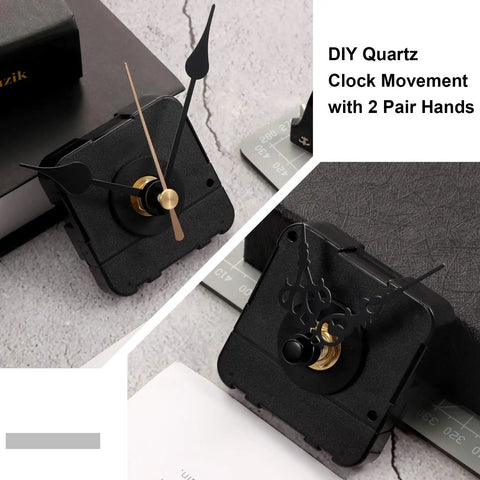 DIY Clock Movement Kit Quartz Battery Operated Replacement Mechanism With Two Pairs Of Short Hands, displayed on a table.