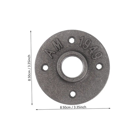 Top view of a single Two Pack Vintage Malleable Iron Floor Flange Set with measurements, wall mounted threaded fittings, heavy duty.