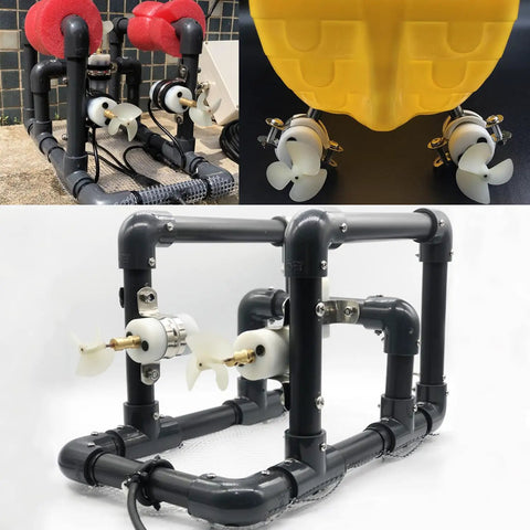 2S LiPo 8.4V 22W BM70 brushed submarine thruster showing IP68 waterproof design and propeller swap setup in DIY frame.