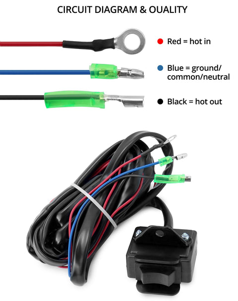 Winch Rocker Switch Kit For ATV And UTV 12V Weatherproof Waterproof with wires and connectors, circuit diagram shown