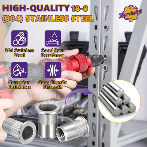 Heavy Duty 30 Piece M8 304 Stainless Steel Rivet Nut Set With Flat Head Inserts shown with red installation tool and stainless components.