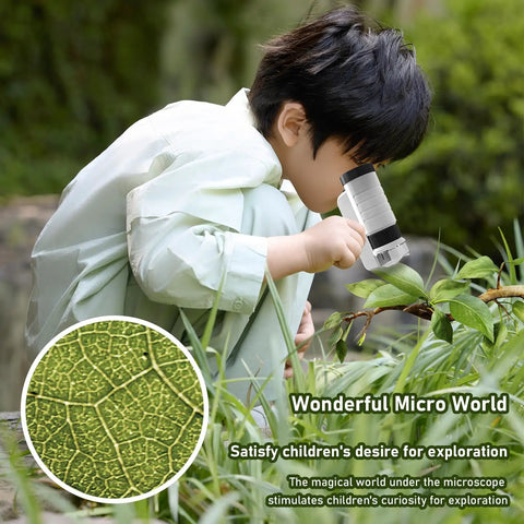 Pocket LED Microscope With 60X To 200X Zoom, Portable Handheld Micro Observation Tool For Kids And Adults, Mini Field Lab Microscope For Science Projects And Outdoor Microbe Exploration, child viewing leaf outdoors