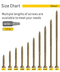 Size chart detailing lengths of Built Like A Tank Premium Heavy Duty Deck Screws, 150 Pack Size 8 X 1 Inch Zinc Coated Carbon Steel
