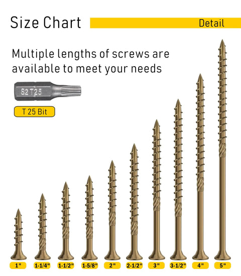 Size chart detailing lengths of Built Like A Tank Premium Heavy Duty Deck Screws, 150 Pack Size 8 X 1 Inch Zinc Coated Carbon Steel