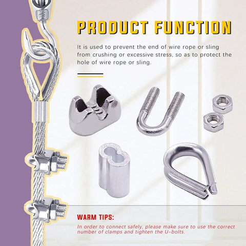 Heavy Duty M10 Wire Rope Accessory Kit With Clip Clamp Thimble And Aluminum Crimp Loop Sleeves 24 Piece Set components