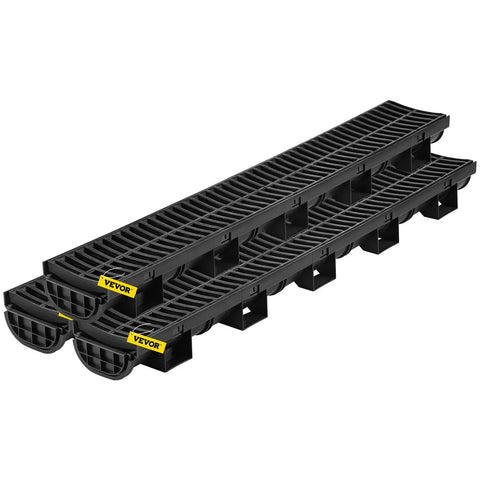 Stacked view of the Six 39 Inch Trench Drain Channel System with plastic grates, HDPE black water channel for driveways and gardens.