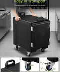 Person pushing Insulated Food Warmer Carrier Set Of 2 With Stackable Pans Four Wheels Including Two With Brakes Front Loading Door Opens To 270 Degrees in a kitchen