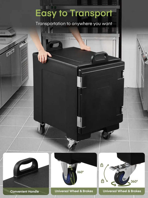 Person pushing Insulated Food Warmer Carrier Set Of 2 With Stackable Pans Four Wheels Including Two With Brakes Front Loading Door Opens To 270 Degrees in a kitchen