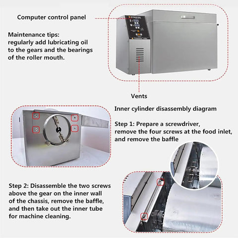 Hardcore Heavy Duty Electric Coffee Bean Roaster With Precise Timer And Adjustable Heat Dial showing control panel and maintenance tips.