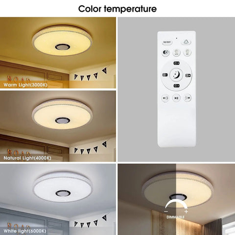 Color temperature options of All In One 36W LED Ceiling Light With Bluetooth Speaker and remote control display.