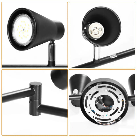Close-up of Dope Flexible Track Lighting Fixture with GU10 head details, matte black finish, foldable arms, and wiring visible