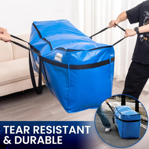 Two people lifting Giant 69 Gallon Extra Large Storage Bags Heavy Duty Moving Bags With Visible Window And Wrap Around Handles Blue 2 Pack Space Saving Totes Alternative To Moving Boxes.