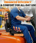 Heavy Duty Forklift Seat For Mowers And Industrial Equipment With 160 Degree Adjustable Backrest, shown in use on forklift