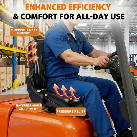 Heavy Duty Forklift Seat For Mowers And Industrial Equipment With 160 Degree Adjustable Backrest, shown in use on forklift