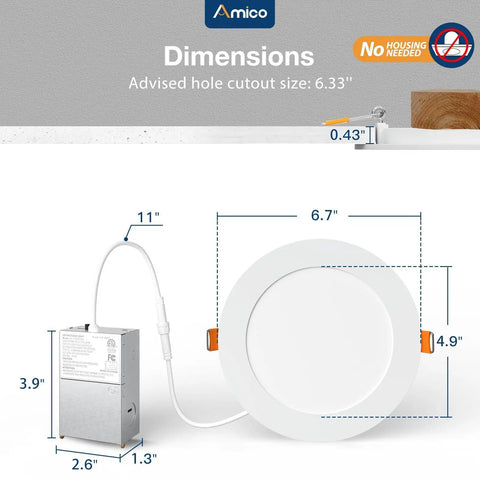 Dimensions of 12 Pack 6 Inch Ultra Thin Led Recessed Ceiling Lights Featuring 5Cct Toggle Adjust And 1050 Lumens each on a graphic.