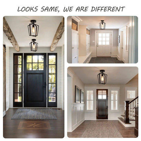 Rotating Black Semi Flush Mount Ceiling Light Fixture With 360 Degree Frame in modern farmhouse entryway.