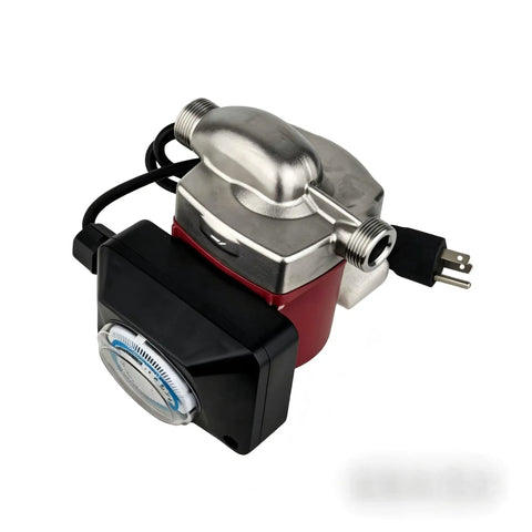 Premium 115V Hot Water Pressure Booster Pump ThreeSpeed Stainless Steel Circulator with timer, red and silver design.