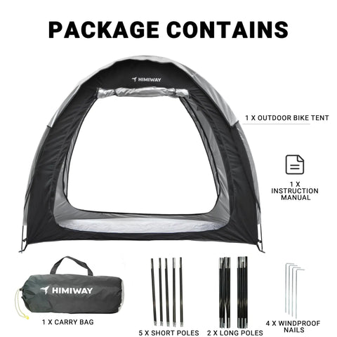Package contents of All Weather Two Bike Shed Tent With Double Doors PU4000 Silver Coated 210D Oxford Fabric Foldable Outdoor Bike Shelter