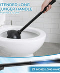 Heavy Duty Toilet Plunger Eight Piece Set Featuring Rock Solid Suction And Ergonomic Handles To Knock Out Stubborn Clogs Fast Without Any Sweat For Busy Households Across America with 21-inch long handle in use.