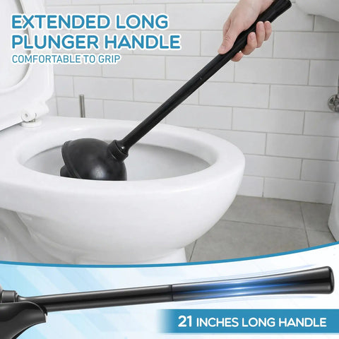 Heavy Duty Toilet Plunger Eight Piece Set Featuring Rock Solid Suction And Ergonomic Handles To Knock Out Stubborn Clogs Fast Without Any Sweat For Busy Households Across America with 21-inch long handle in use.
