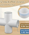 Heavy Duty 20 Pack One Half Inch PVC Four Way Cross Fittings For SCH40 Pipe, showing inner and outer diameter detail.