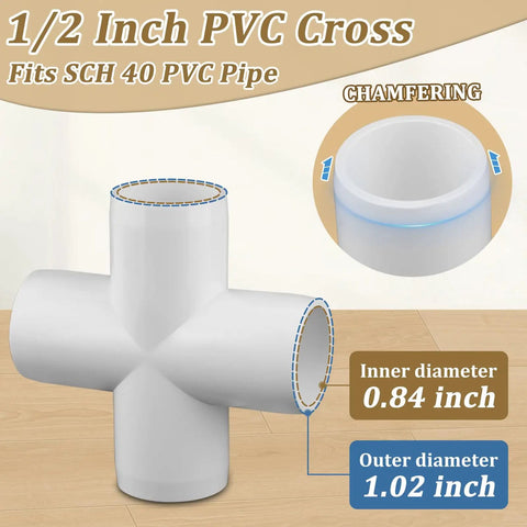Heavy Duty 20 Pack One Half Inch PVC Four Way Cross Fittings For SCH40 Pipe, showing inner and outer diameter detail.