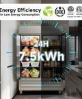 Heavy Duty 49 Cu Ft Commercial Reach In Fridge With WiFi App Controls and Slick Touch Displays showing energy efficiency and storage capacity.