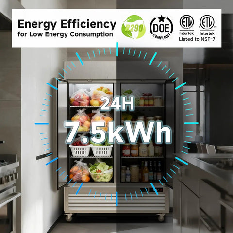 Heavy Duty 49 Cu Ft Commercial Reach In Fridge With WiFi App Controls and Slick Touch Displays showing energy efficiency and storage capacity.
