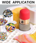 2-pack 3/4 inch brass-core diamond grinding bits for stained-glass grinder; red cap visible beside mosaic glass shapes.