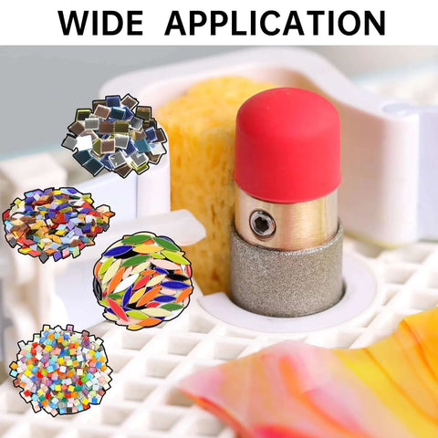 2-pack 3/4 inch brass-core diamond grinding bits for stained-glass grinder; red cap visible beside mosaic glass shapes.