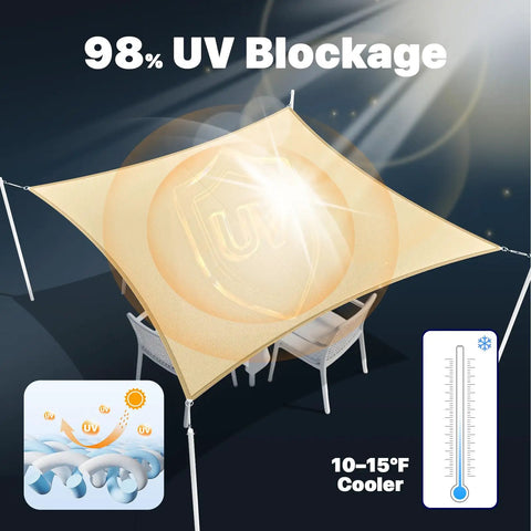 Beige Square Waterproof Sun Shade Sail 9.5 Ft By 9.5 Ft UPF50 Plus Canopy Awning Shelter installed over outdoor furniture