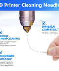 3D printer cleaning needle targeting a nozzle, showing ergonomic grip and features of the 40 Piece 3D Printer Nozzle Cleaning Kit With 0.4mm Stainless Steel Cleaning Needles Universal Clog Removal Tool Set For Most 3D Printers Pro Grade Nozzle Maintenance To Keep Prints Flowing Neatly Stored In 2 Bottles.