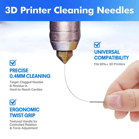 3D printer cleaning needle targeting a nozzle, showing ergonomic grip and features of the 40 Piece 3D Printer Nozzle Cleaning Kit With 0.4mm Stainless Steel Cleaning Needles Universal Clog Removal Tool Set For Most 3D Printers Pro Grade Nozzle Maintenance To Keep Prints Flowing Neatly Stored In 2 Bottles.