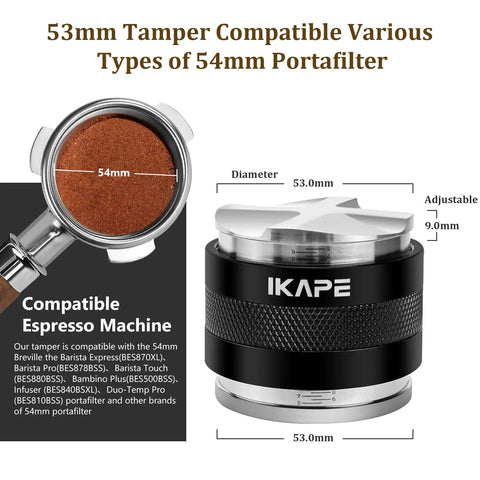 53mm Coffee Distributor And Hand Tamper With Adjustable Depth For Espresso Fits 53mm And 54mm Portafilters Including Breville Bottomless 54mm Food Grade 304 Stainless Steel Barista Gear showing espresso compatibility chart and measurements.