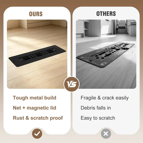 Aluminum RV Floor Vent Cover Kit 2x10 Magnetic Removable Floor Register Trap Black Inside comparison image