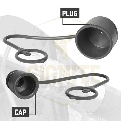Dust caps and female plug covers for ISO 16028 hydraulic quick-disconnects, black, two-pack for skid-steer attachments