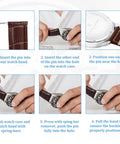Watch band pins and strap link remover kit; brown leather watch strap with stainless steel watch shown in assembly steps