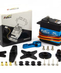 FEETECH 35KG servo FT6335M with blue aluminum case, black top, multi-color wires; includes mounting horns and screws.