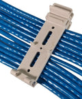 Heavy Duty Desktop Cable Organizer With Server Rack Tray Clips And Sturdy Wire Holder managing blue wires on a white track.