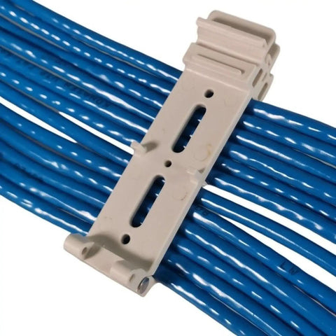 Heavy Duty Desktop Cable Organizer With Server Rack Tray Clips And Sturdy Wire Holder managing blue wires on a white track.