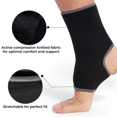Open Heel Ankle Support Sleeve With Light Breathable Knit Fabric For Men Women Kids Medium Compression Right Or Left Ankle Black Size M 1 Pair displayed on a foot
