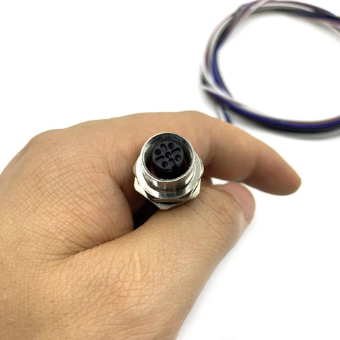 Close-up of M12 5 Pin Female Connector Cable A Coded Straight Back Mount Waterproof Aviation Socket held in hand