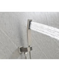 Shower System Combo with Hand Shower and Tub Spout featuring sleek brushed nickel hand shower releasing strong water flow.